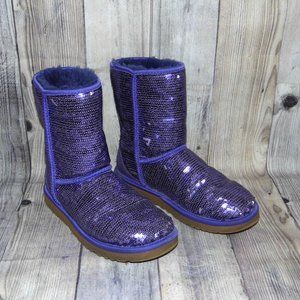 UGG Classic Short Sparkles Purple Sequin/Sheepskin Boots Womens Size 7